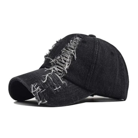 Black Distressed Denim‎ Baseball Cap Ripped Hat For Women, Men Solid, Streetwear - Picture 1 of 8